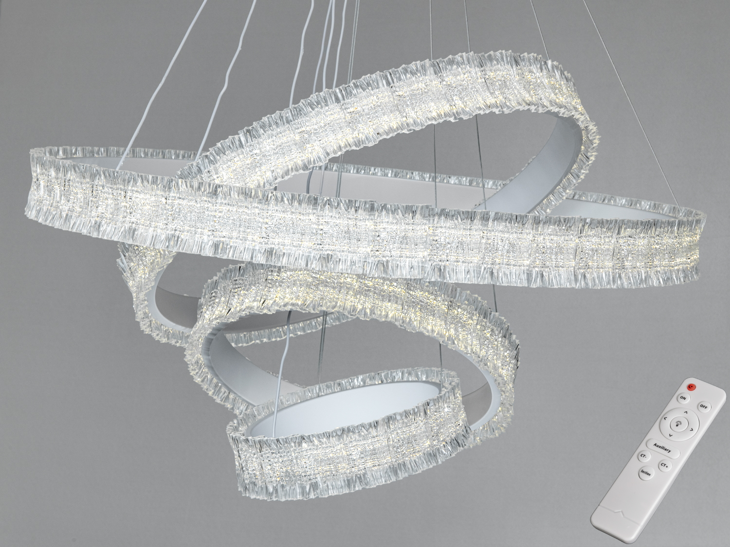 Підвісна LED-люстра Diasha, біла, 4 кільця, 240W, близько 12100 lm. Три режими 3200–6000K, пульт і вимикач, регулювання висоти. Підходить для кімнат до 40 м².