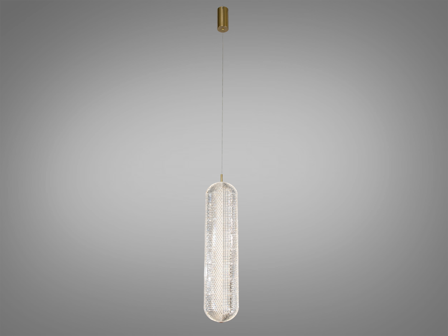 Підвісний світильник з довгим циліндричним плафоном, підвішений на тонкому дроті. Ідеальний для освітлення вітальні.