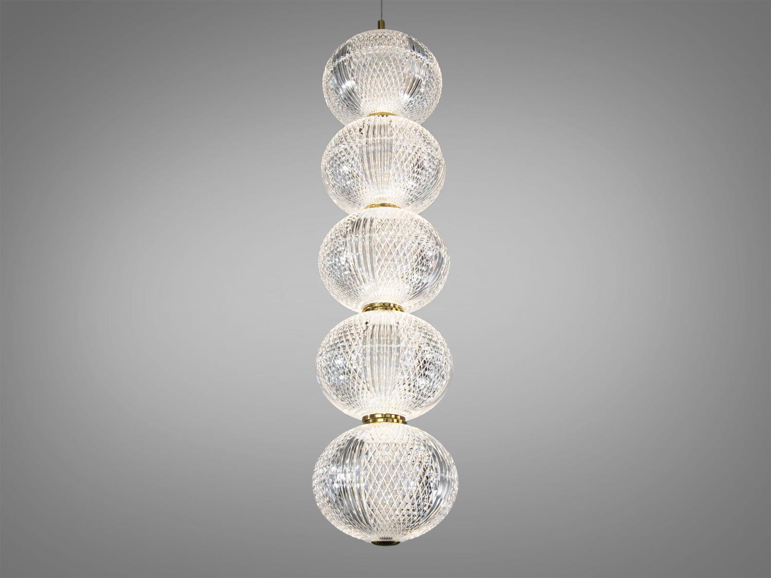 Підвісний LED-світильник у золоті з 5 акриловими кулями, 16 W, 880 lm. Три режими CCT 3200/4100/6000K, регулювання висоти, керування настінним вимикачем.