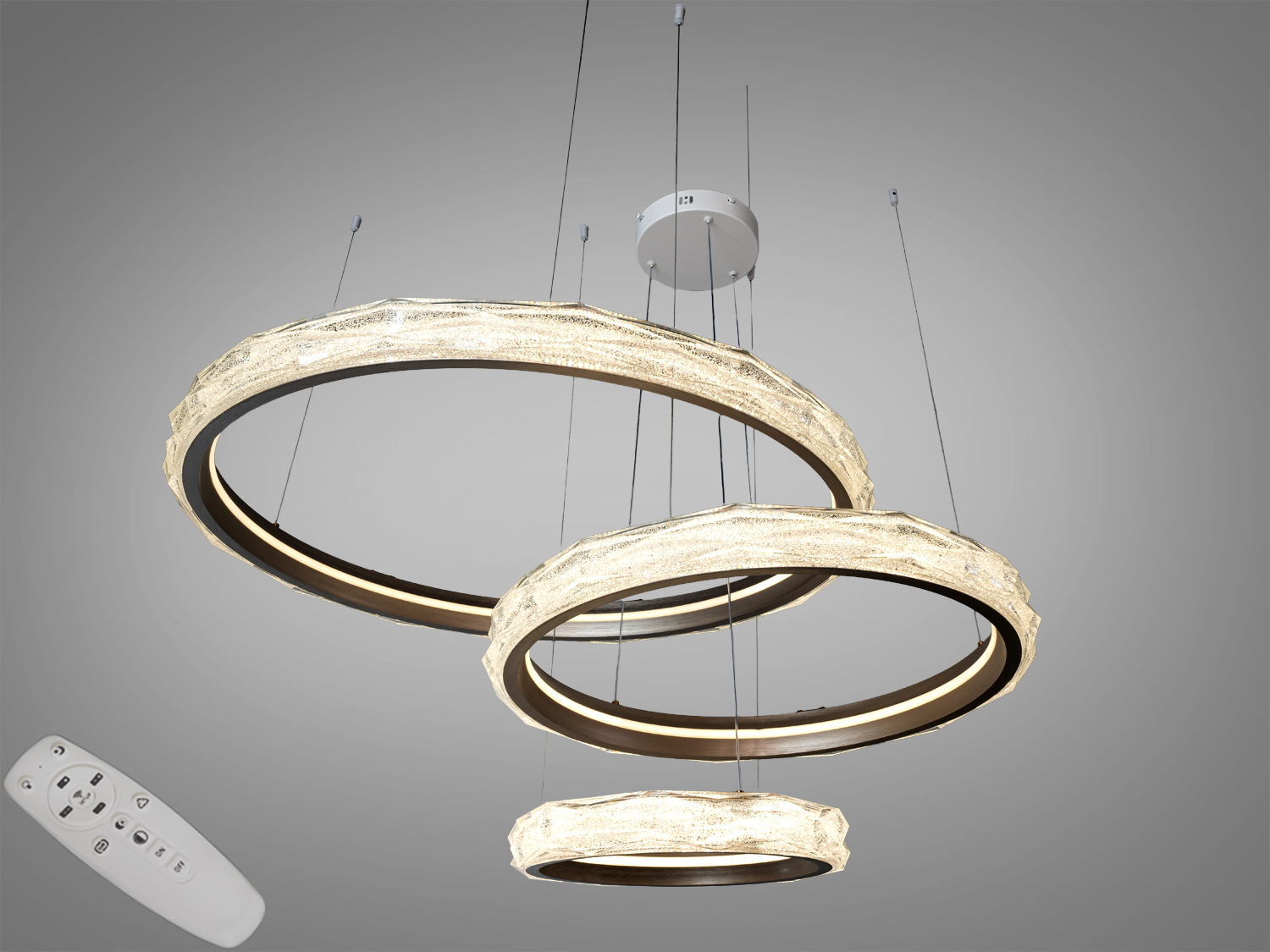 Підвісна світлодіодна люстра Diasha шампань, 195 Вт, 10725 лм. Три кільця, пульт і настінний вимикач, 3200/4100/6500K, регульована висота. Для освітлення до 33 м².