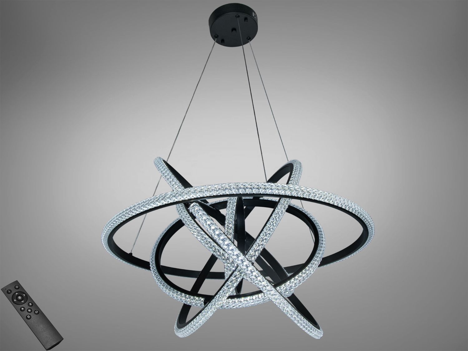 Підвісна люстра з кільцями, прикрашеними кристалами, з пультом дистанційного керування, підходить для сучасних інтер′єрів.