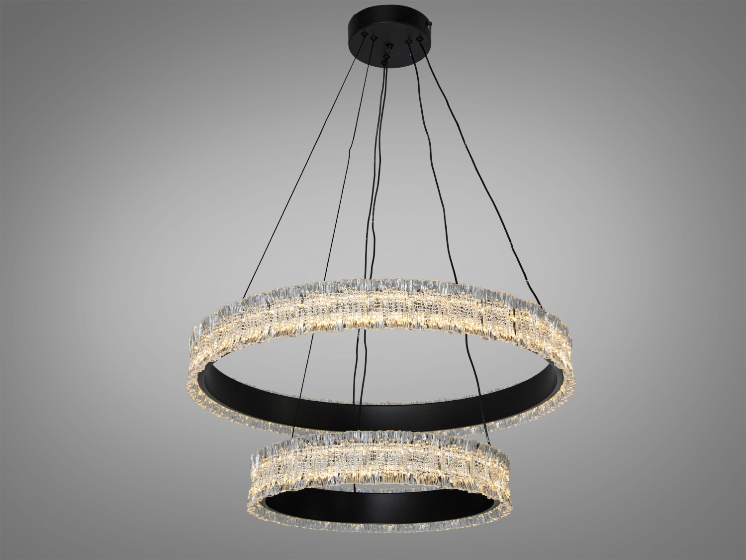 Підвісний світильник з двома кільцями, скло та метал, тепле світло, підходить для сучасного інтер′єру.