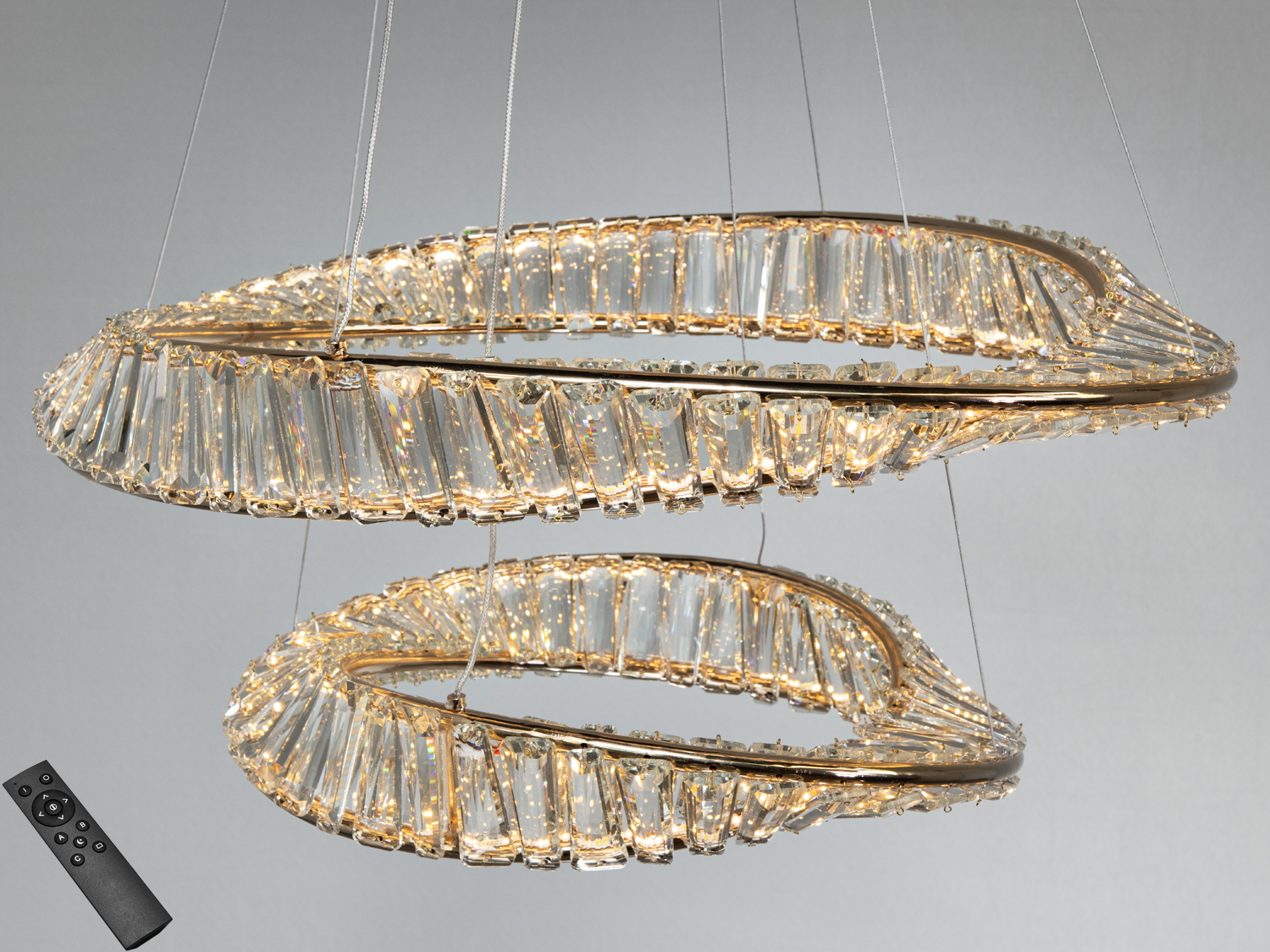 Кришталева LED-підвісна люстра 86 Вт у золоті з двома кільцями та пультом. Яскравість регулюється, підходить приблизно для кімнат до 15 м².