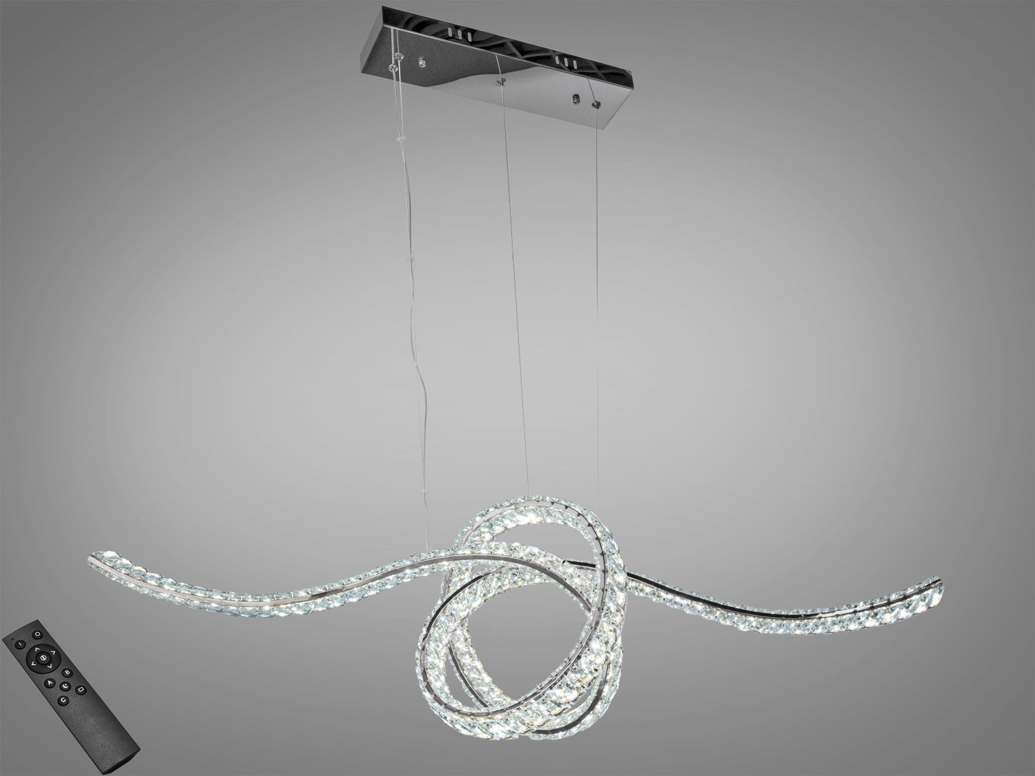 Кришталева LED люстра Diasha у хромі, 85 Вт, з пультом для регулювання яскравості. Рекомендована для кімнат до 15 м² та сучасних інтерʼєрів.