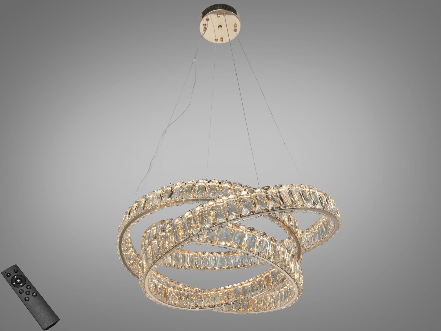 Підвісна люстра з двома кільцями, прикрашена кристалами, з дистанційним керуванням. Підходить для сучасного інтер′єру.