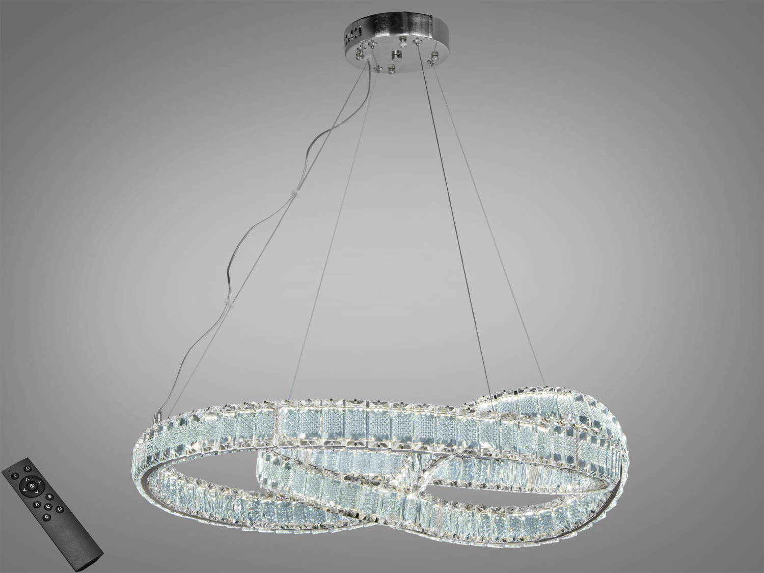 Кришталева підвісна люстра Diasha в хромі, LED 92 Вт, для кімнат до 16 м². Пульт дистанційного керування, складний дизайн із завитками для сучасних інтерʼєрів.