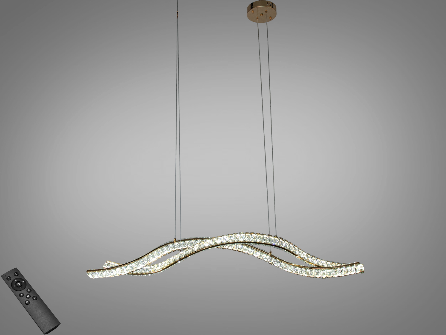 Підвісний світильник з вигнутими лініями, оснащений пультом дистанційного керування. Підходить для сучасного інтер′єру.