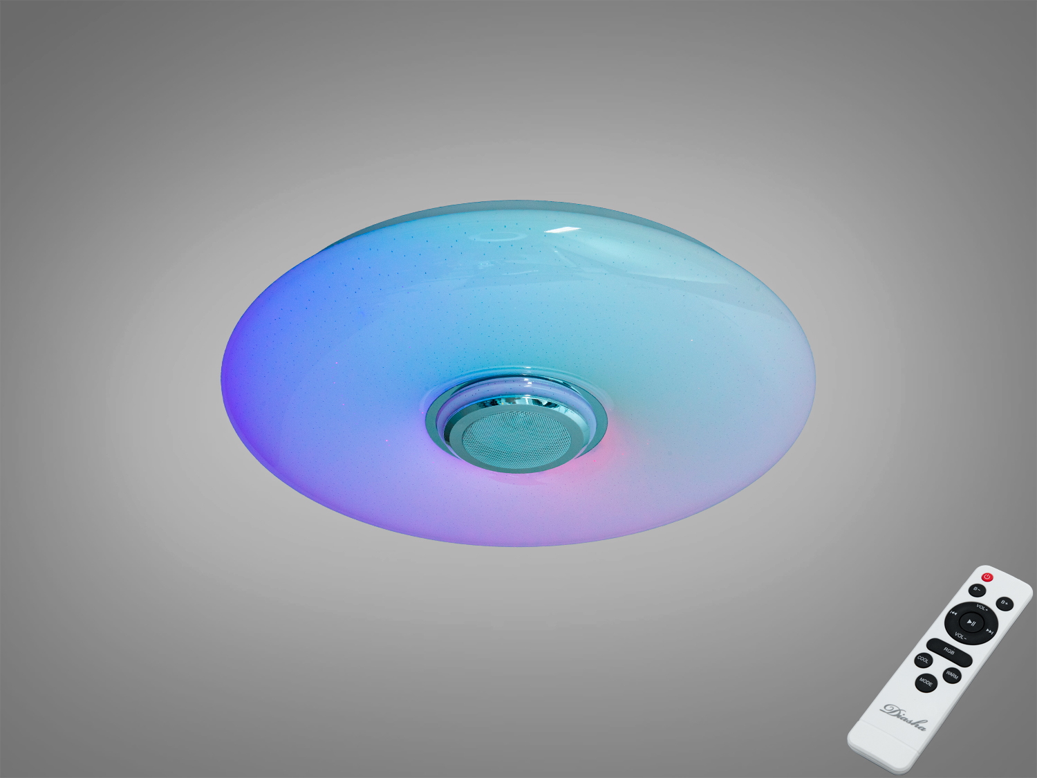 Кругла стельова лампа з кольоровим підсвічуванням і пультом для дистанційного керування. Підходить для сучасних інтер′єрів.