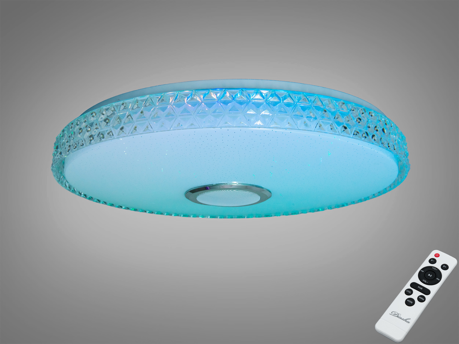 Кругла стельова лампа з дистанційним керуванням, має декоративну окантовку з візерунком. Підходить для сучасних інтер′єрів.