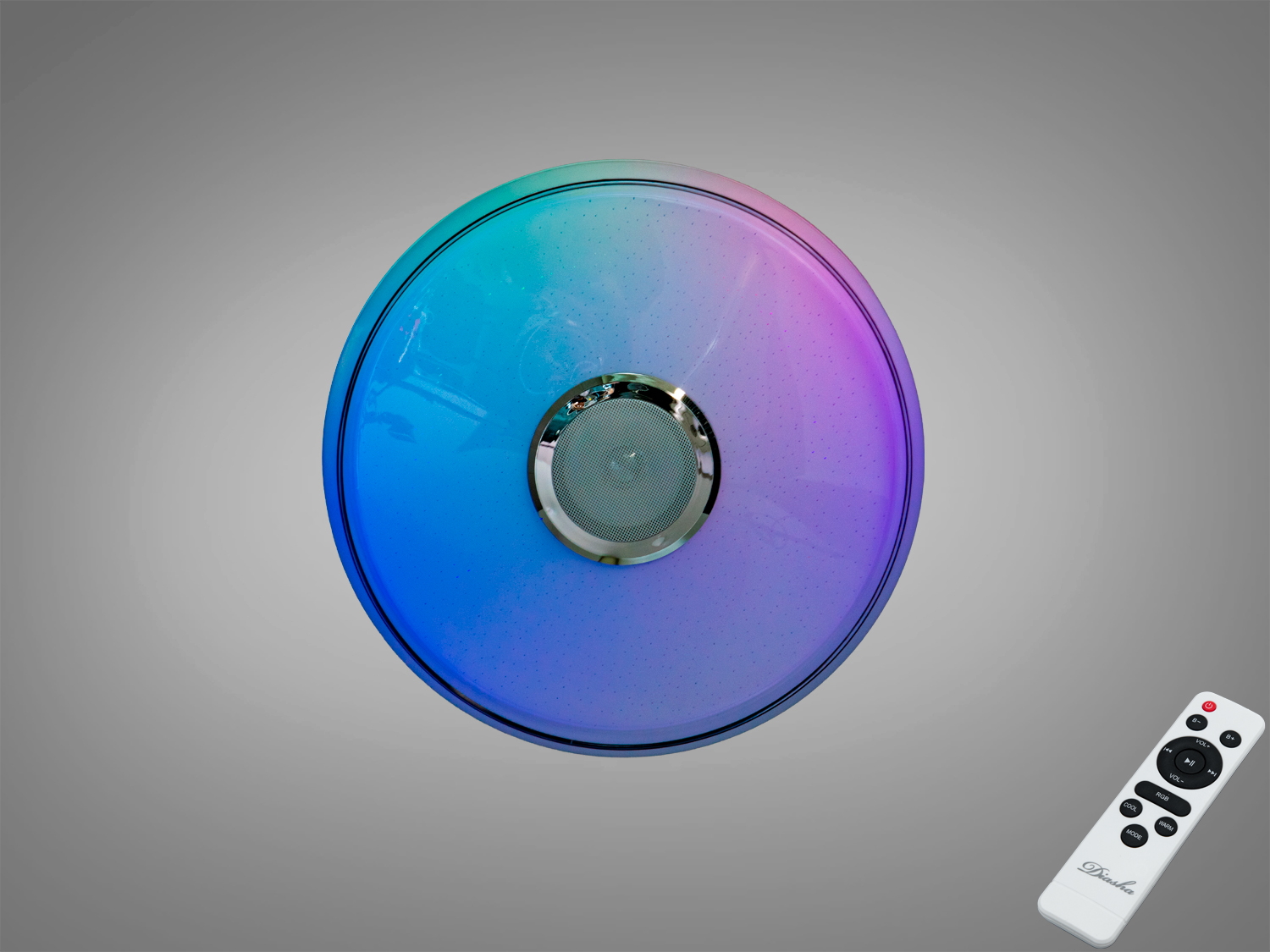 Кругла світлодіодна стельова лампа з пультом, що змінює кольори від синього до фіолетового, підходить для сучасного інтер′єру.