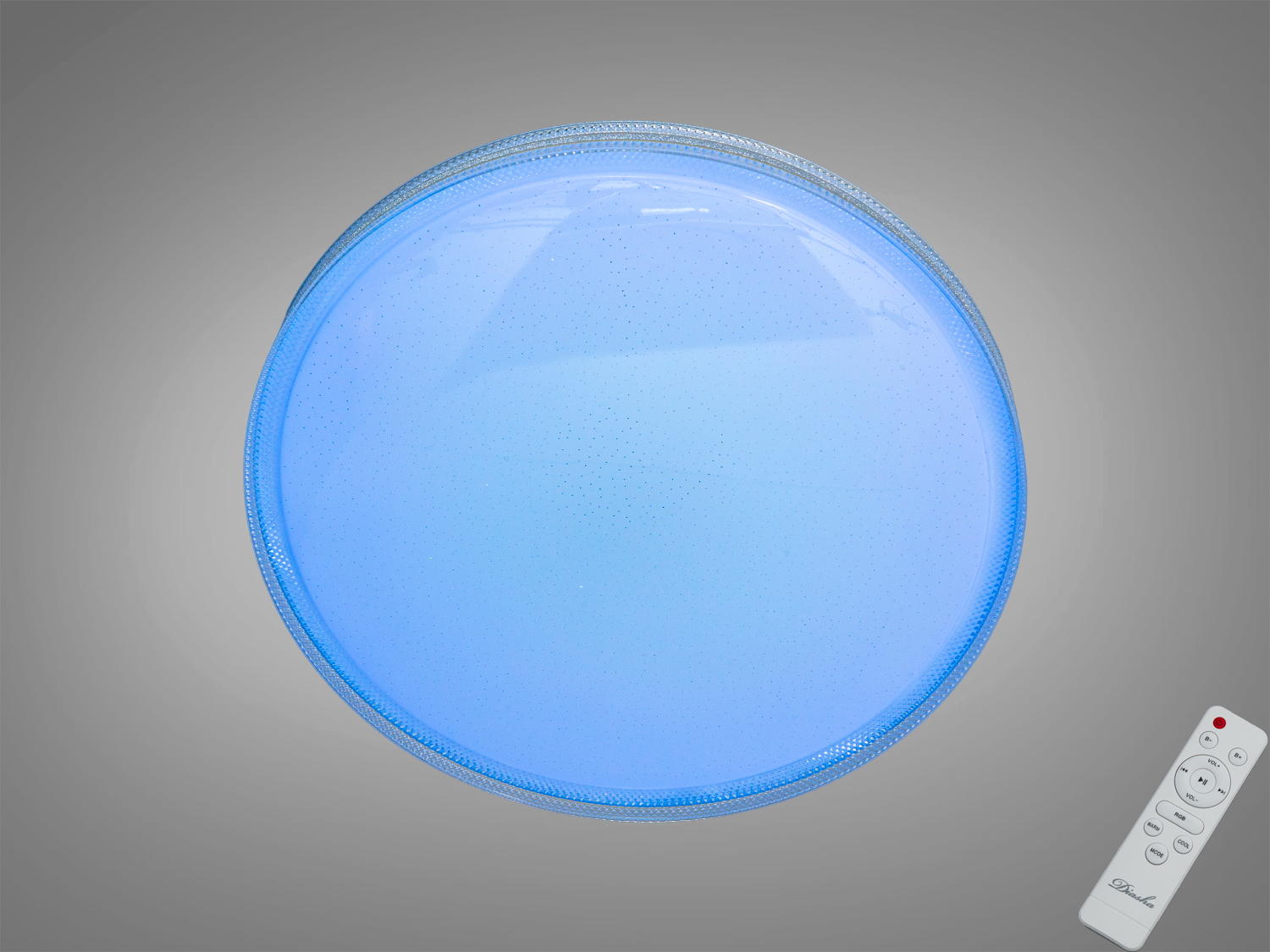Кругла стельова лампа з блакитним світлом, пульт дистанційного керування для зручності використання в сучасних інтер′єрах.