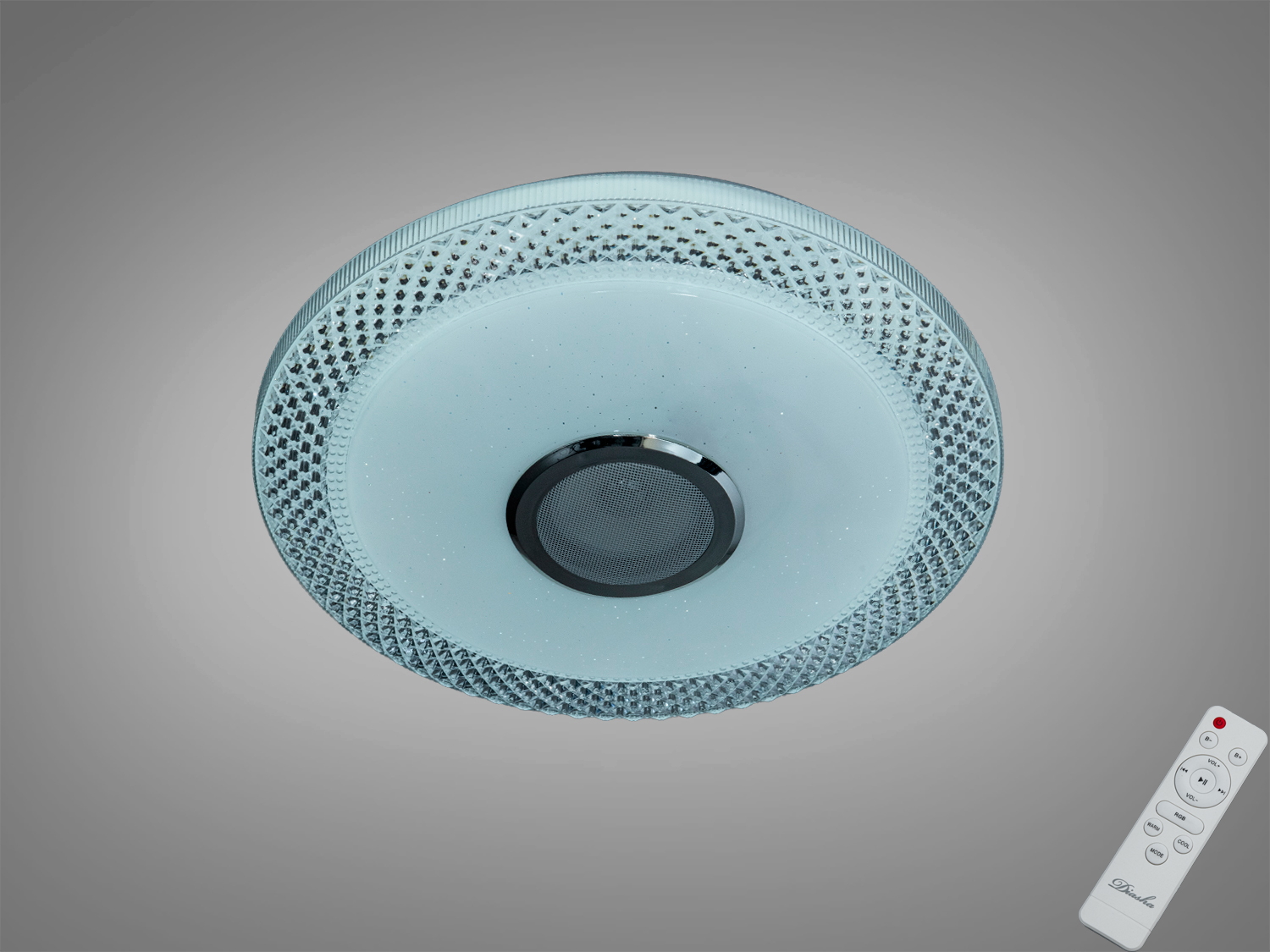 Стельовий світильник з пультом, кругла форма, прозорий візерунок по краю, підходить для сучасних інтер′єрів.