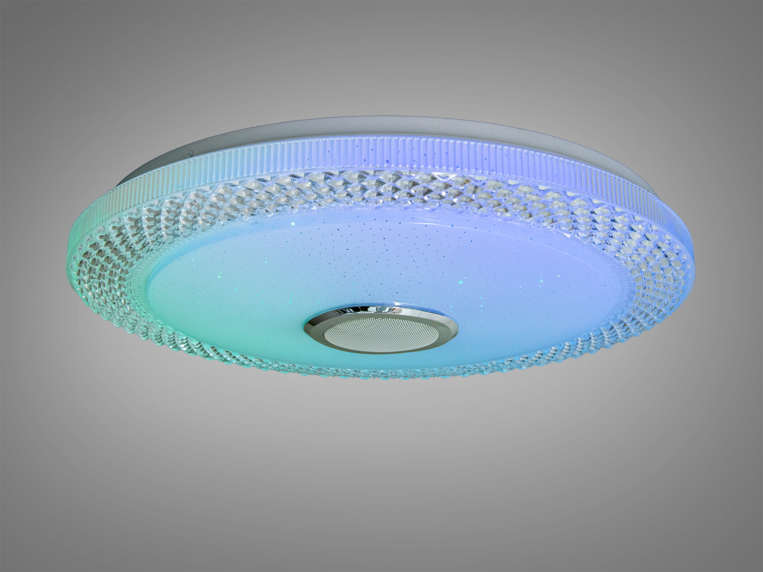 Світлодіодна лампа з блакитним відтінком, кругла форма, декоративний обідок, підходить для вітальні.