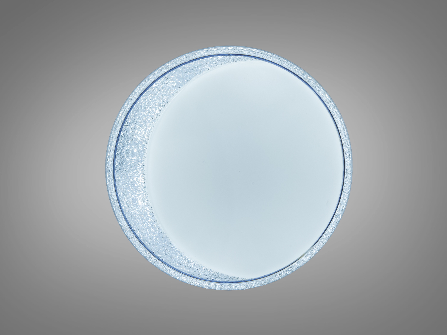 Кругла стельова лампа з білим світлом, кристалічний обідок, стильний сучасний дизайн.