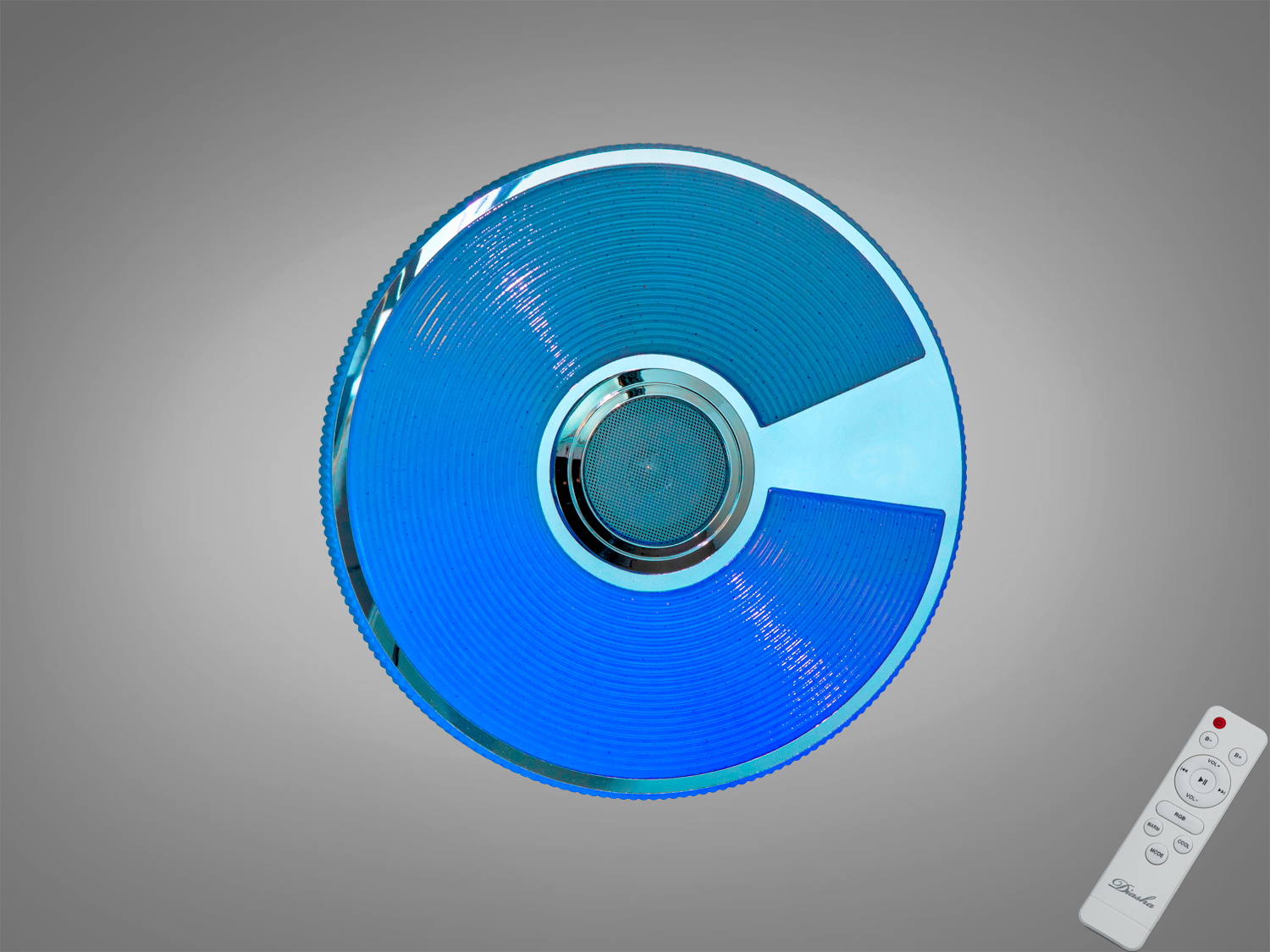 Кругла світлодіодна лампа з синім відтінком, оснащена дистанційним керуванням, підходить для сучасних інтер′єрів.