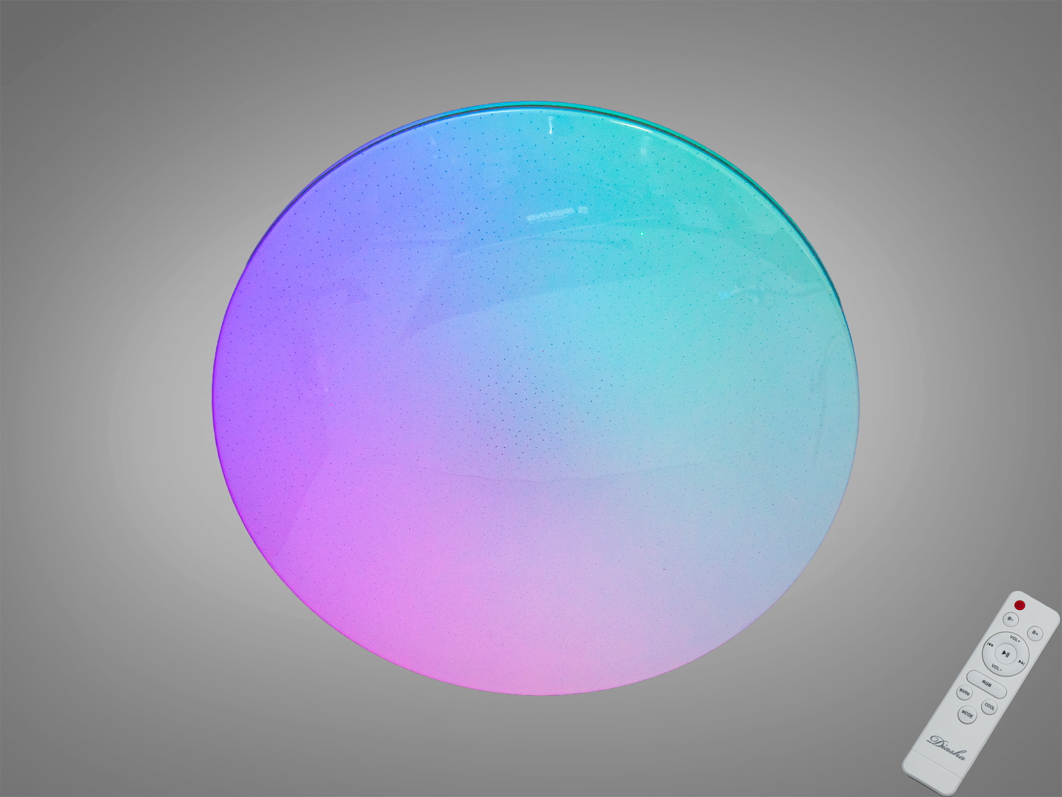 Кругла стельова лампа з пультом, що змінює кольори від блакитного до рожевого. Ідеальна для сучасних інтер′єрів.