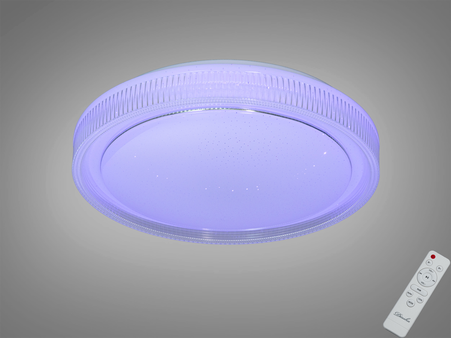 Кругла стельова лампа з дистанційним керуванням, що випромінює м′яке фіолетове світло. Призначена для сучасних інтер′єрів.