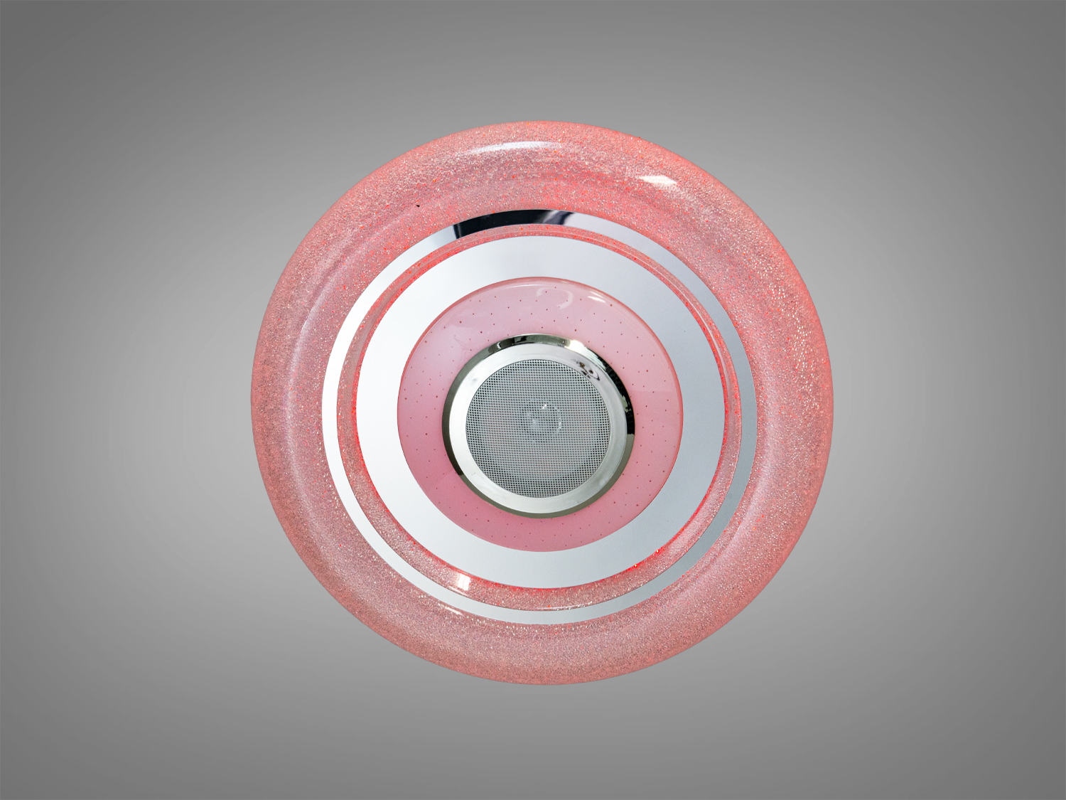 Рожева стельова лампа з глянцевою поверхнею. Вбудоване світлодіодне освітлення підходить для дитячих кімнат, забезпечуючи м′яке світло.