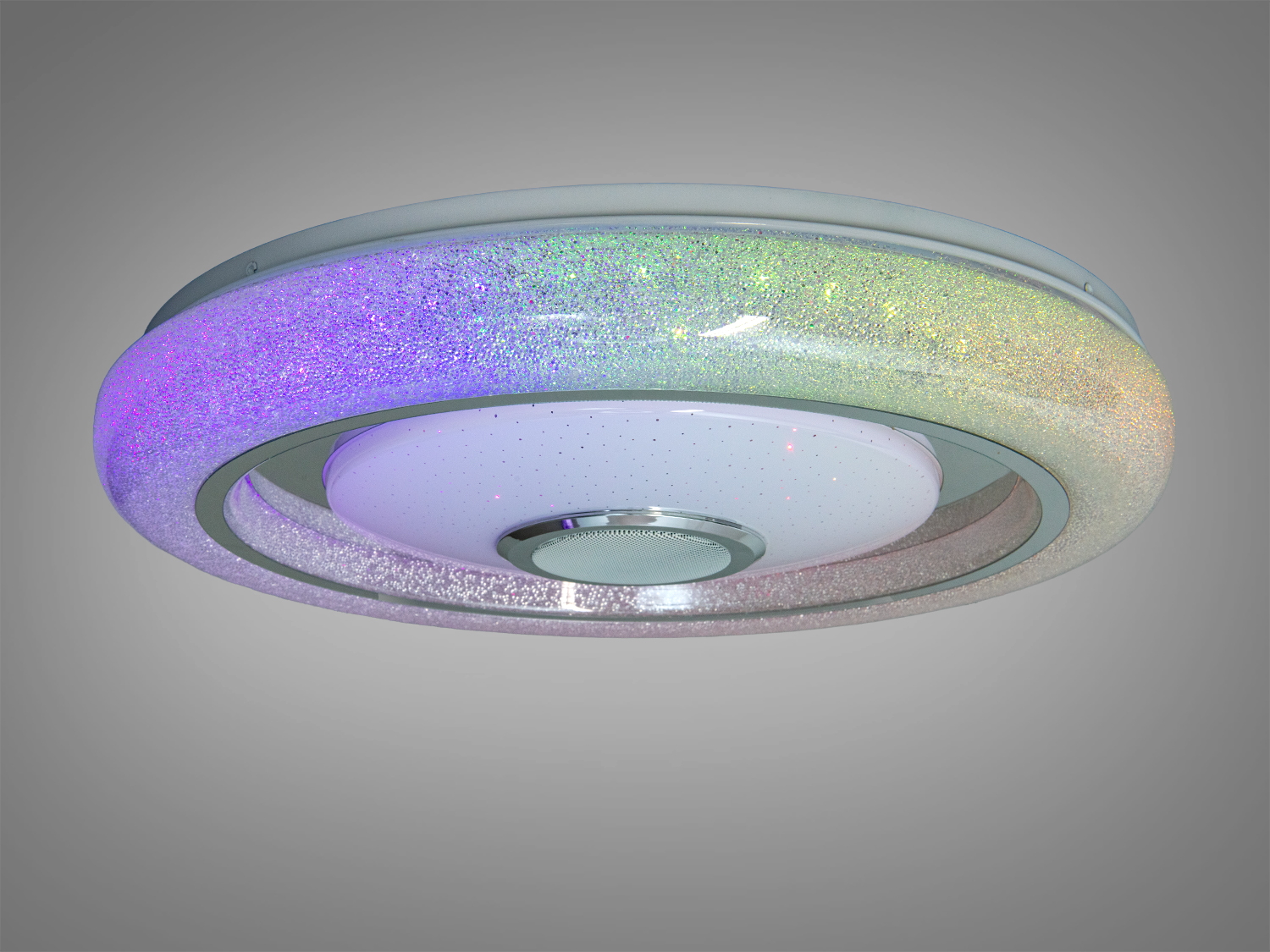 Вид зверху на круглий світильник з вбудованим динаміком, що забезпечує 360-градусне освітлення. Ідеально підходить для просторих кімнат.