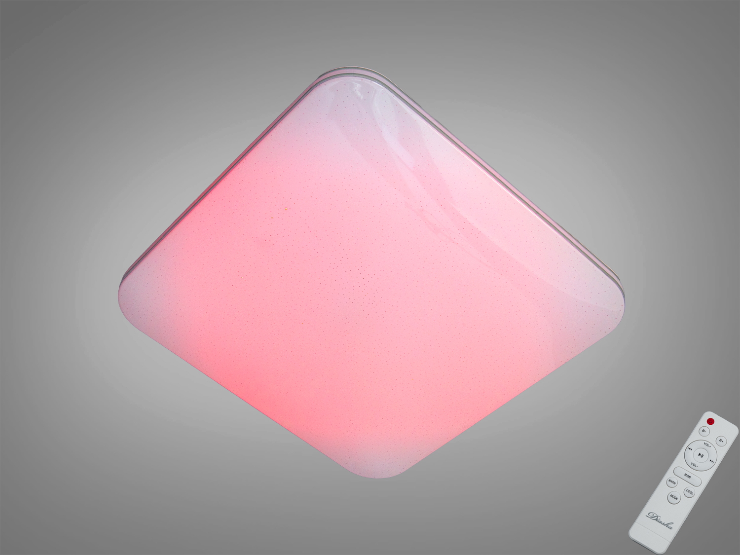 Світлодіодна стельова лампа квадратної форми з пультом управління, випромінює м′яке рожеве світло, підходить для сучасного інтер′єру.