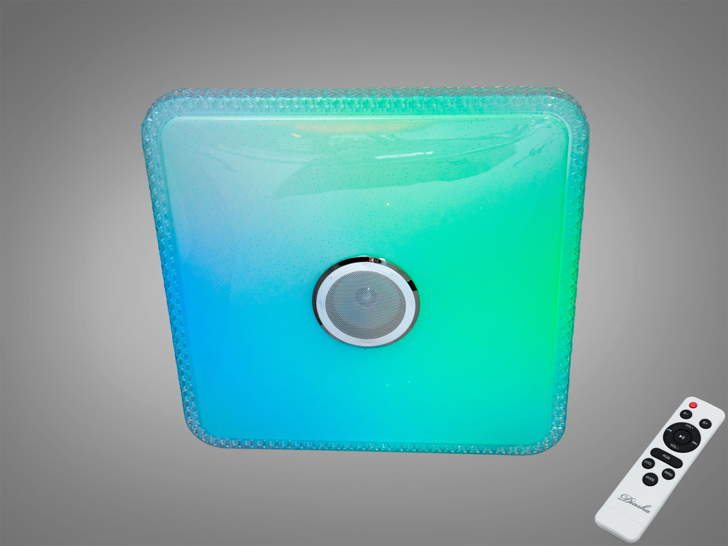 Світлодіодна квадратна лампа з пультом, що змінює кольори від синього до зеленого, з декоративною рамкою для сучасного інтер′єру.