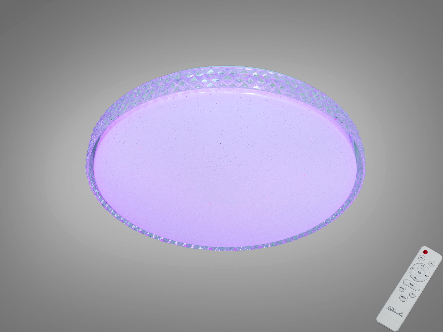 Смарт LED люстра 80 Вт з RGB та керуванням через iLink по Bluetooth. Білий матовий плафон, пульт із окремими кнопками RGB, підходить для кімнат до 15 м².