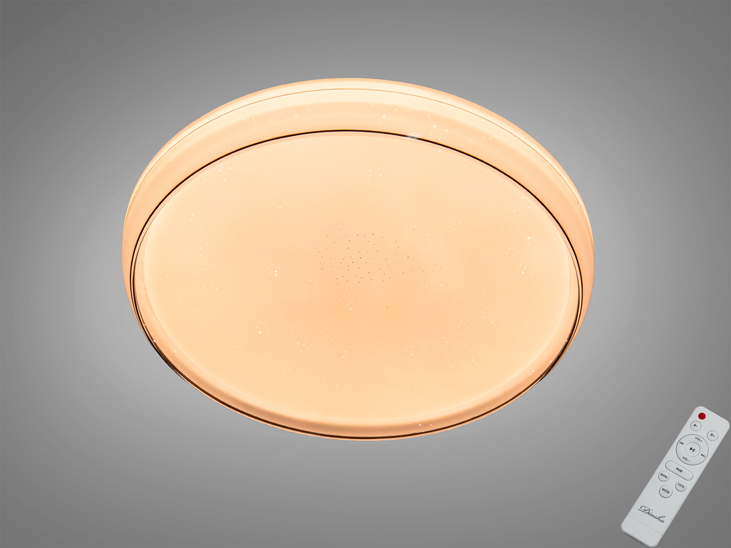 Стельова смарт LED люстра 70 Вт у білому кольорі з RGB та керуванням через iLink. Пульт із трьома окремими RGB кнопками. Орієнтовно для кімнат до ~12 м².