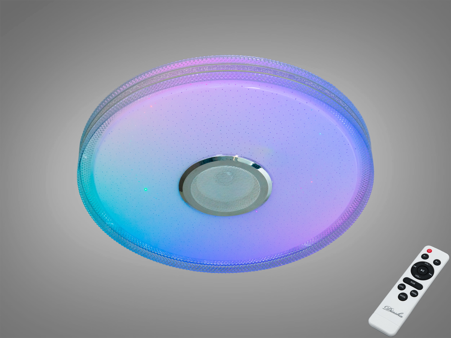 Розумний стельовий світильник Diasha 70Вт з RGB та вбудованою Bluetooth‑колонкою. Керування TUYA Smart Life і пультом, сцени, синхронізація світла з музикою.