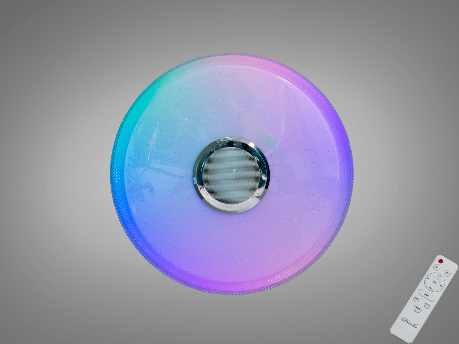 Білий смарт стельовий LED світильник 70 Вт з RGB і Bluetooth-колонкою. Керування світлом і музикою через i-Link або пульт, підходить для кімнат до 12 м².