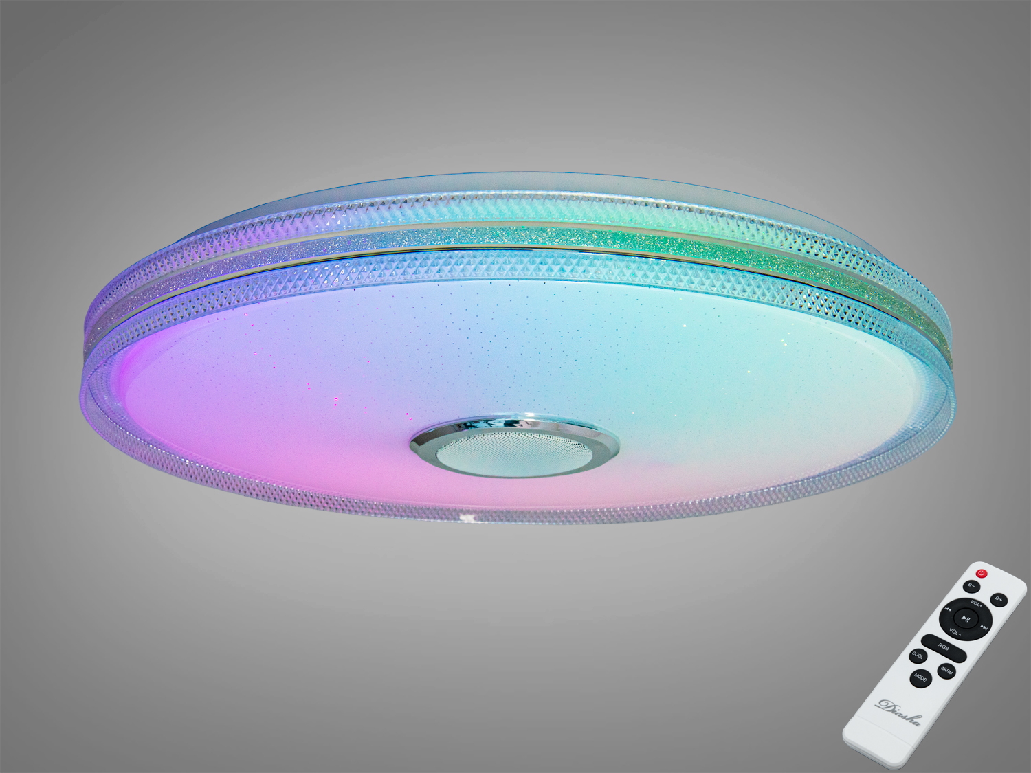 Смарт LED люстра 80 Вт з RGB та вбудованою Bluetooth‑колонкою. Керування через TUYA Smart Life і пульт, підходить орієнтовно для кімнат до 14 м².