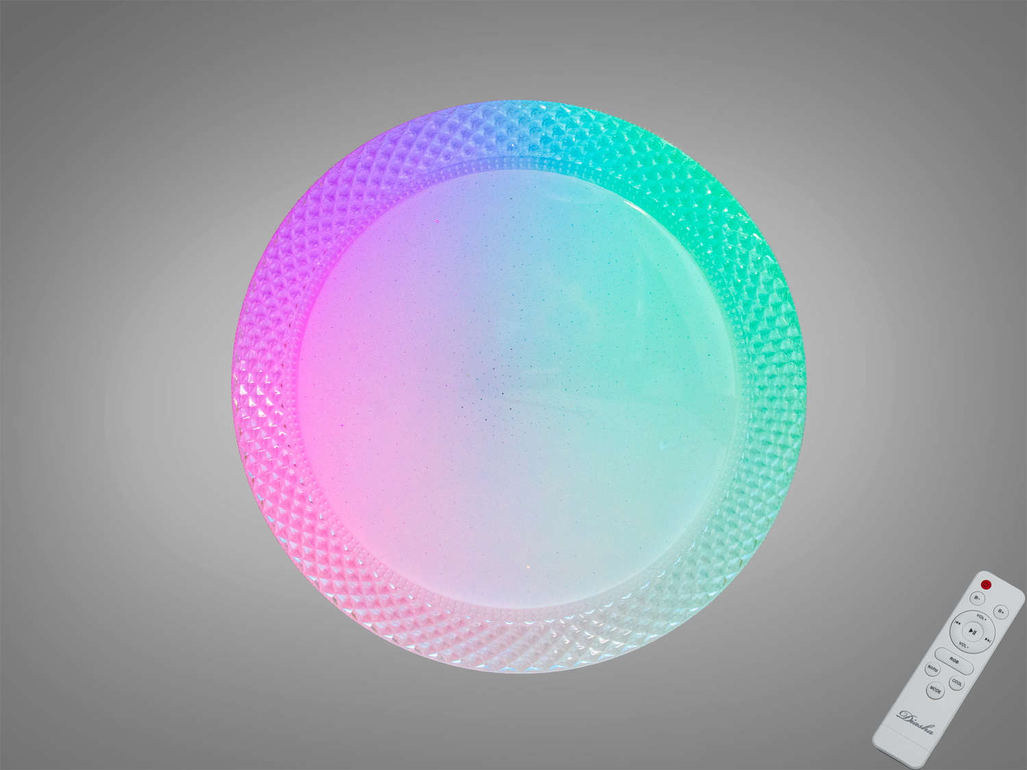 Смарт LED люстра 80 Вт з RGB та керуванням через iLink по Bluetooth. Білий матовий плафон, пульт із окремими кнопками RGB, підходить для кімнат до 15 м².