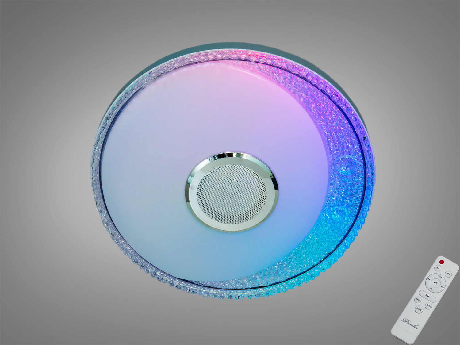 Біла смарт LED люстра 70 Вт з RGB та Bluetooth-динаміком. Керування пультом і через застосунок i‑Link, таймер, музичний ритм, орієнтовно до 12 м².