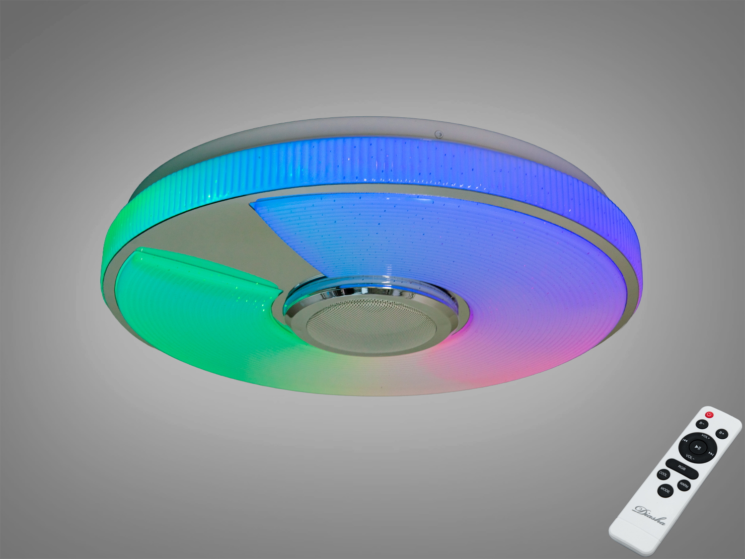 Біла стельова смарт-люстра 70 Вт з RGB та Bluetooth-колонкою. Керування через TUYA/Smart Life, пульт, режими Music Rhythm, сцени та димування для кімнат до ~12 м².