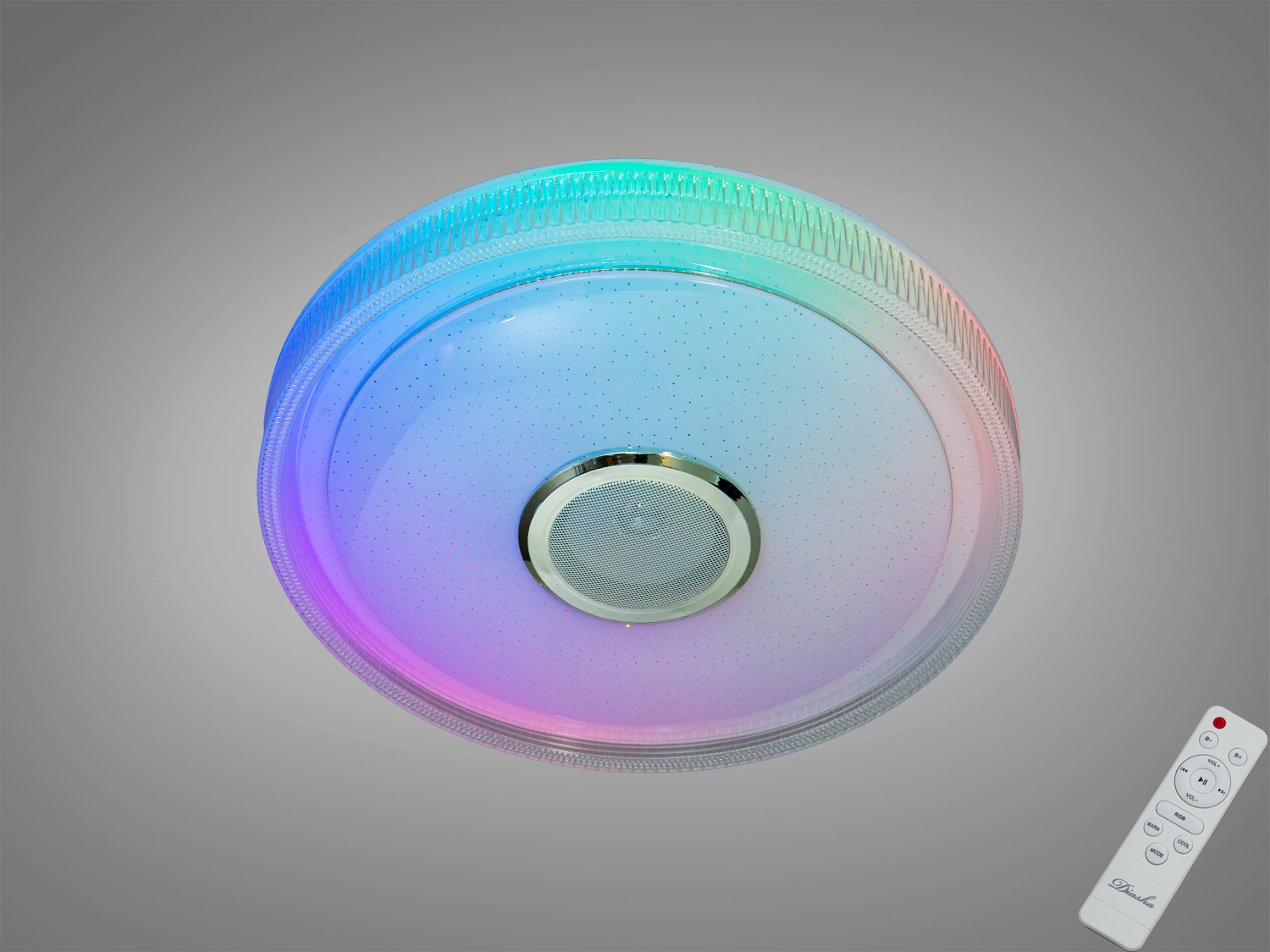 Біла смарт LED люстра з RGB і Bluetooth-колонкою. 70 Вт, керування з пульта та через i-Link, таймери, музичний режим і аудіопресети.