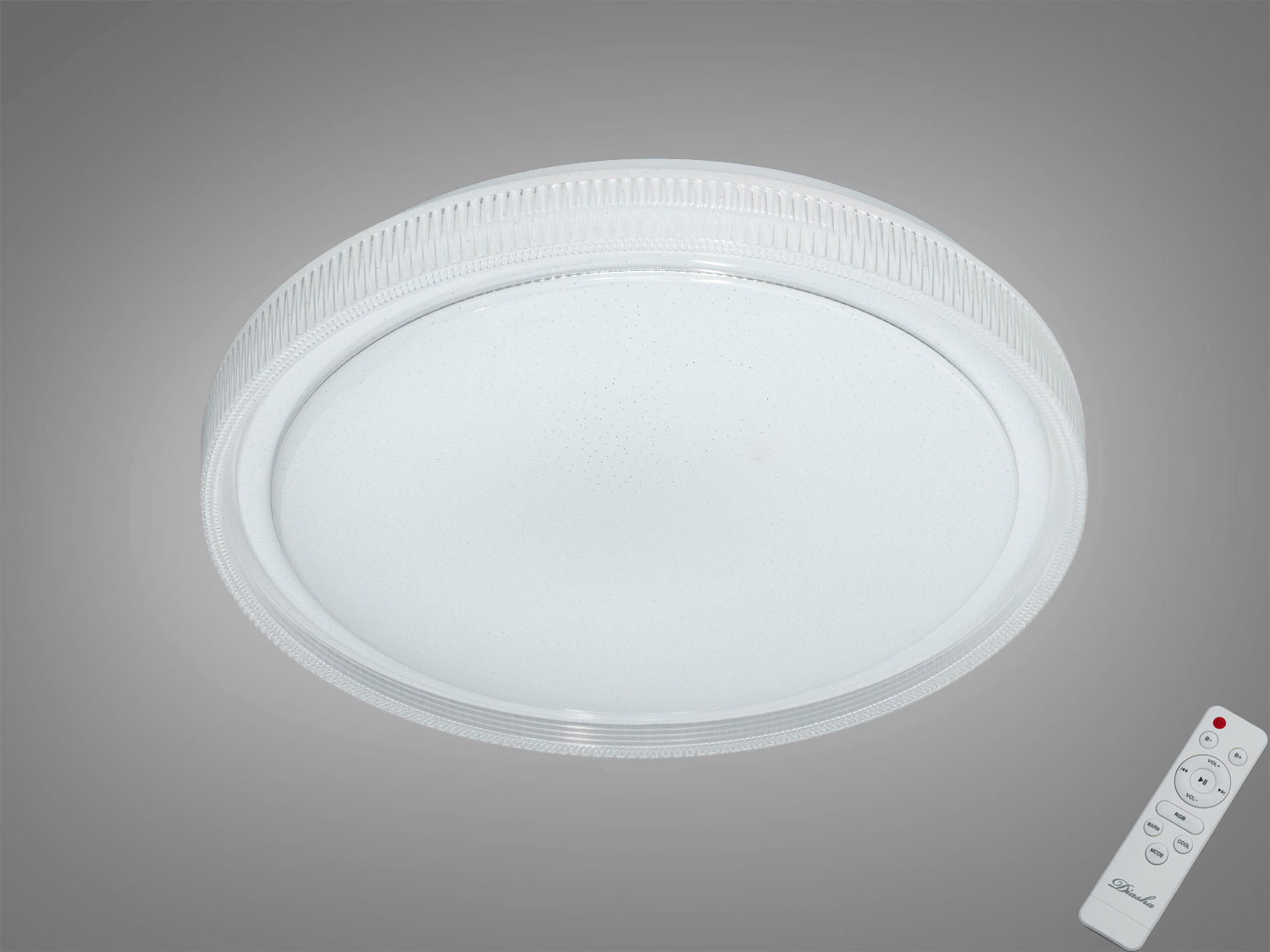 Смарт LED люстра 80 Вт з RGB та керуванням через iLink по Bluetooth. Білий матовий плафон, пульт із окремими кнопками RGB, підходить для кімнат до 14 м².