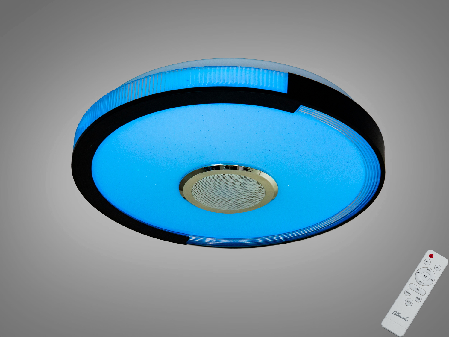 Смарт LED люстра 70 Вт з RGB і стерео Bluetooth-колонкою. Керування світлом і музикою через застосунок i-Link або пульт, орієнтовно до 12 м².