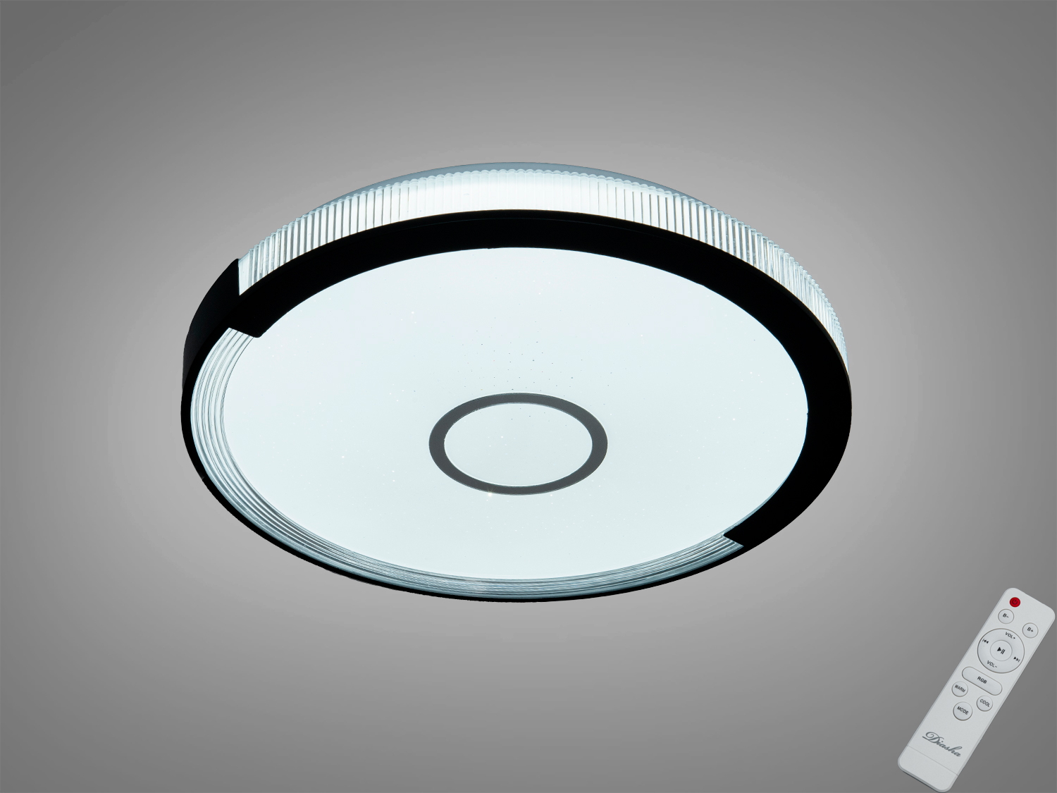 Стельова смарт LED люстра 70 Вт, біла, RGB. Пульт та керування через додаток iLink. Рекомендована площа до 12 м², кругла форма.