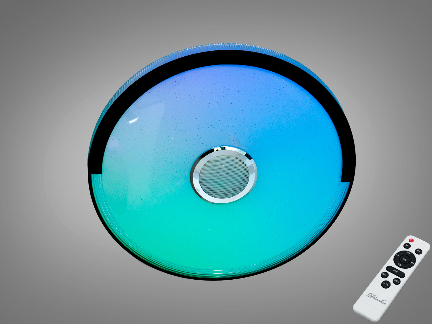 Смарт стельова люстра LED RGB 80Вт, біла, з Bluetooth‑колонкою. Керування через TUYA/Smart Life і пульт, сцени, музика через Bluetooth та Wi‑Fi. Для кімнат до ~14 м².