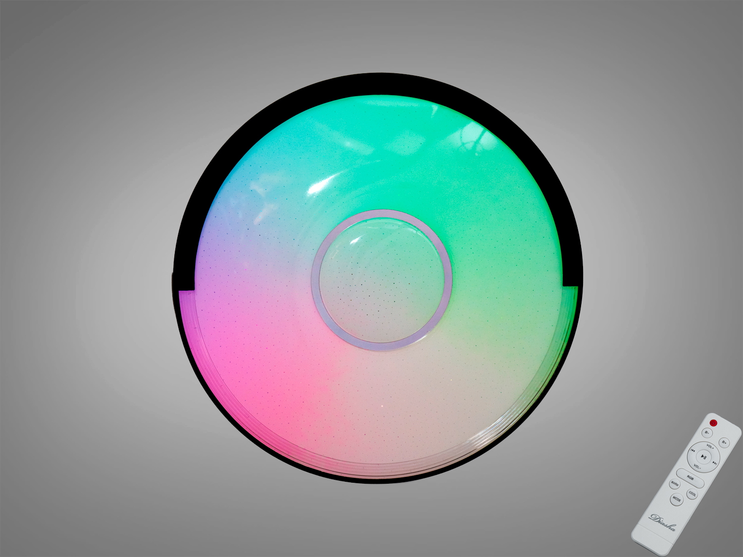 Смарт LED люстра 80 Вт з RGB та керуванням через iLink по Bluetooth. Білий матовий плафон, пульт із окремими кнопками RGB, підходить для кімнат до 15 м².