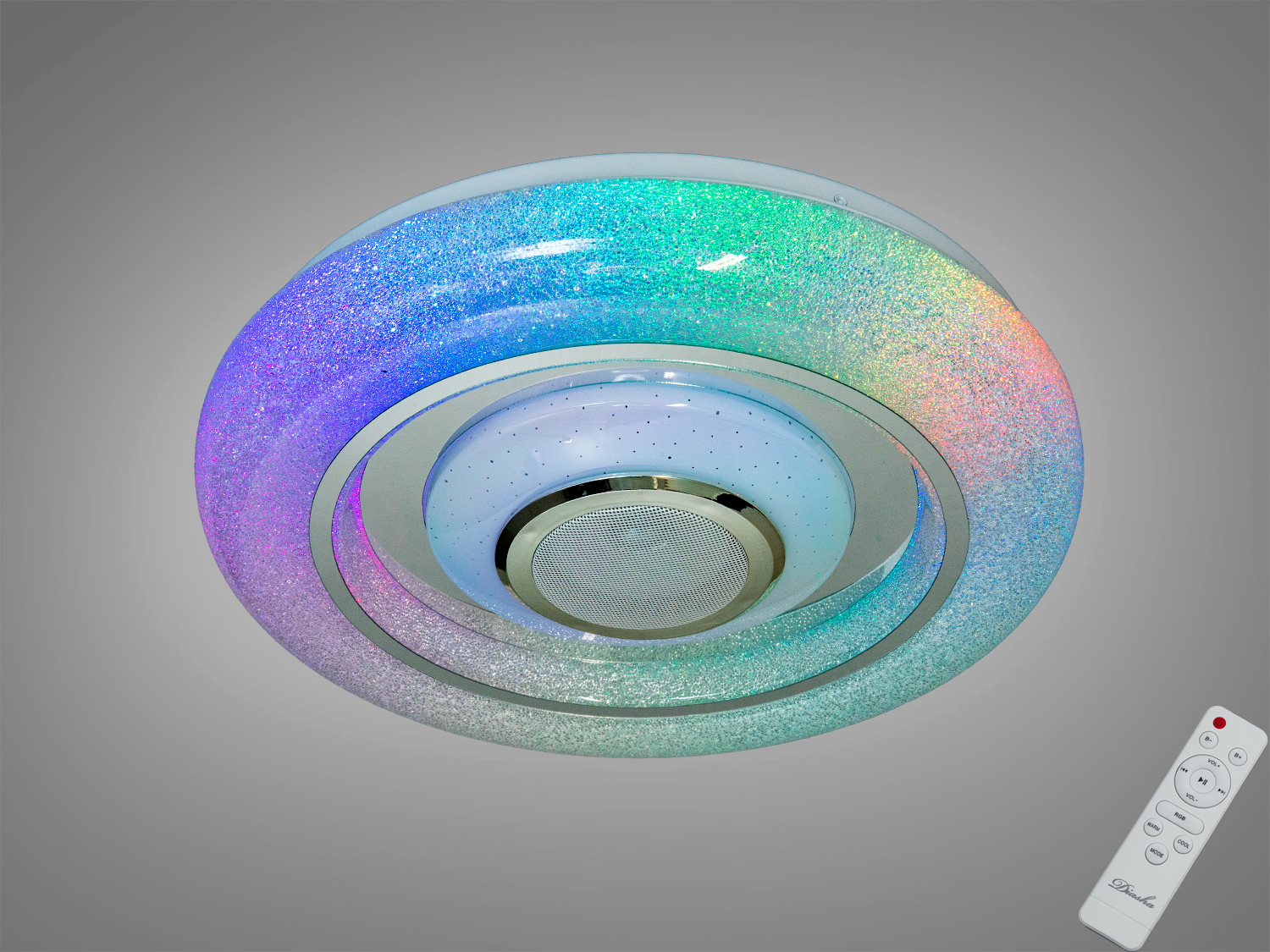 Смарт LED люстра Diasha, біла, 70 Вт з RGB та Bluetooth-колонкою. Керування i-Link і пультом, режими теплого/холодного білого, таймери, Music Rhythm, до 12 м².