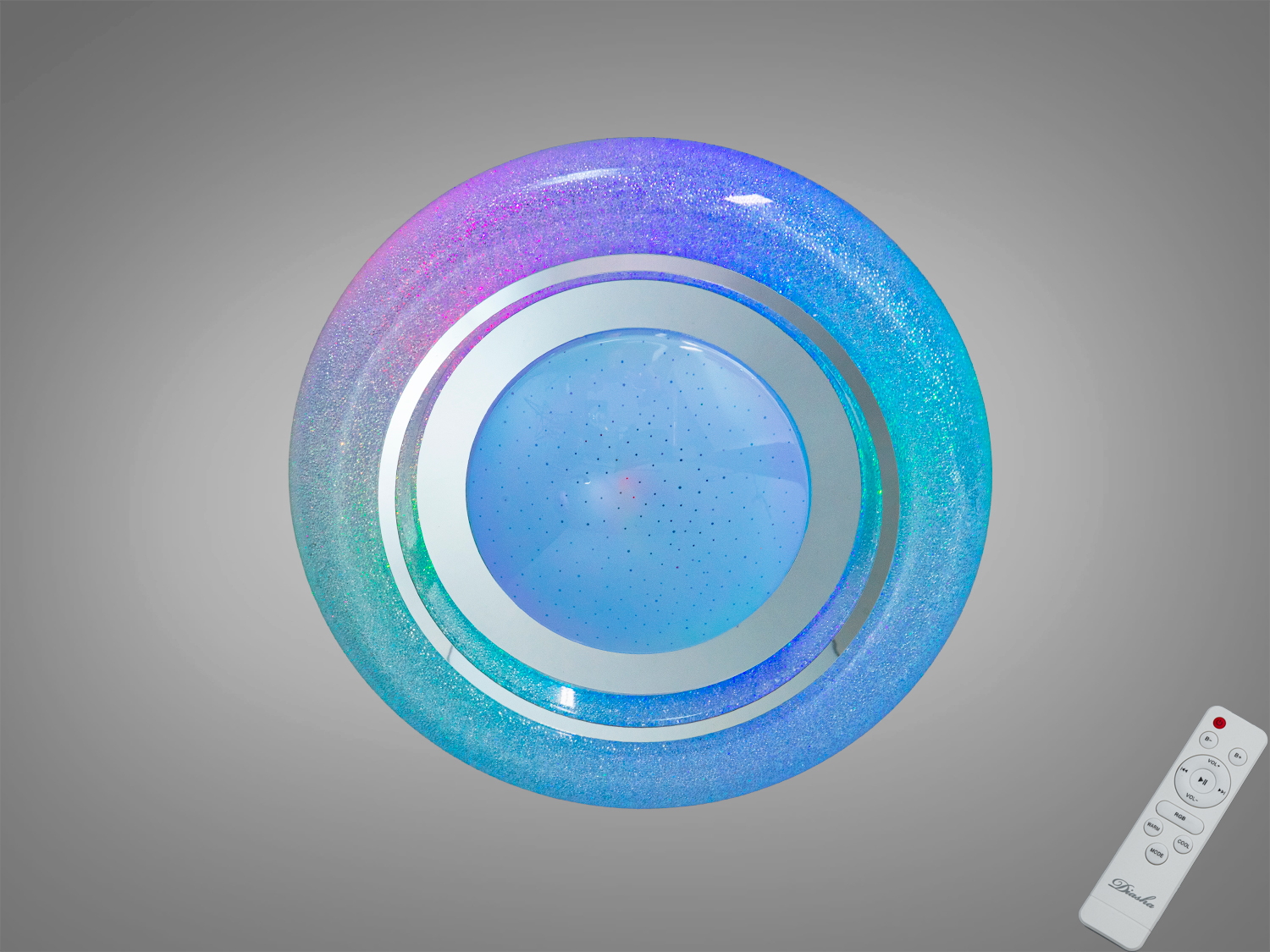 Стельова смарт LED RGB люстра, 70 Вт, біла. Керування пультом і через додаток iLink. Орієнтовно для приміщень до 12 м², з режимами переливання кольорів.