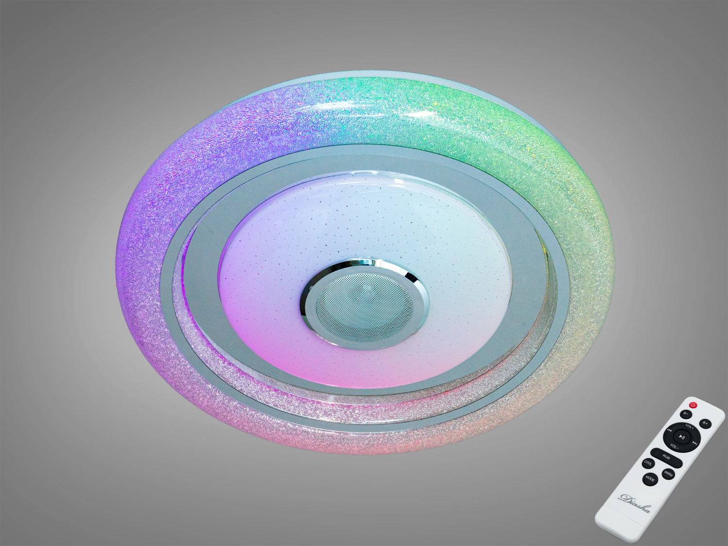 Біла стельова смарт-люстра 80 Вт з RGB та Bluetooth-колонкою. Керування через TUYA/Smart Life, пульт, режими Music Rhythm, сцени та димування для кімнат до ~14 м².