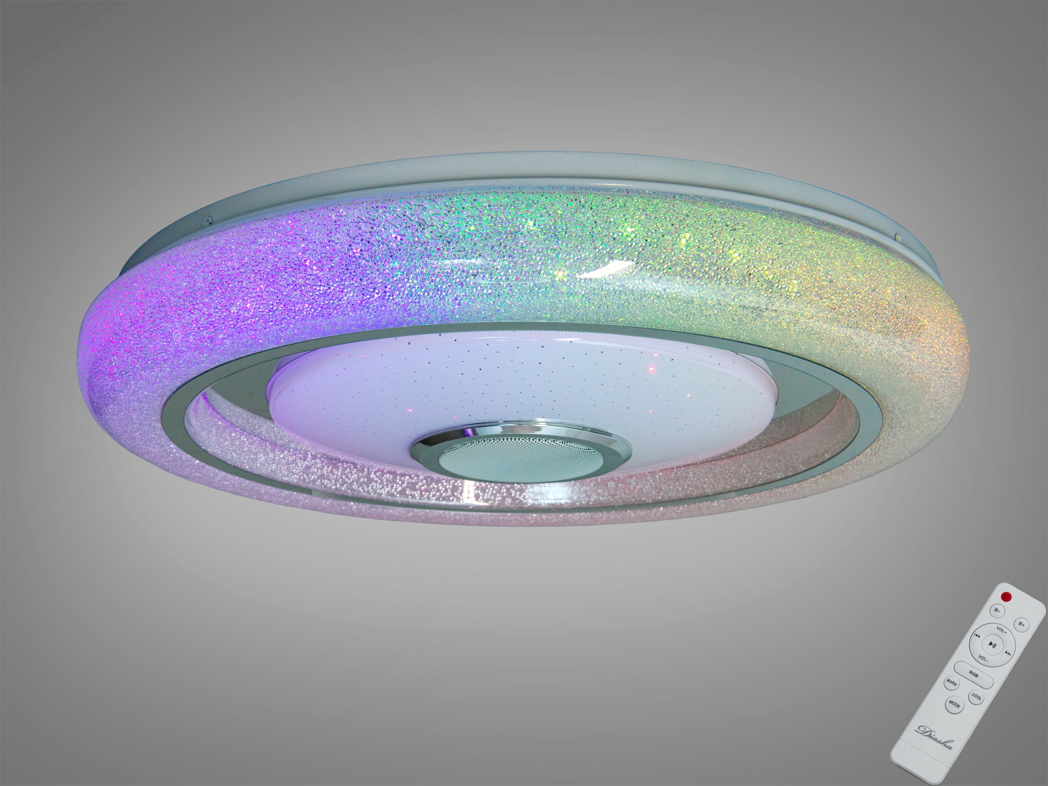 Розумна стельова люстра Diasha 80Вт з RGB та Bluetooth‑колонкою. Керування пультом або через i‑Link, налаштування білого світла, музичний ритм і таймер.