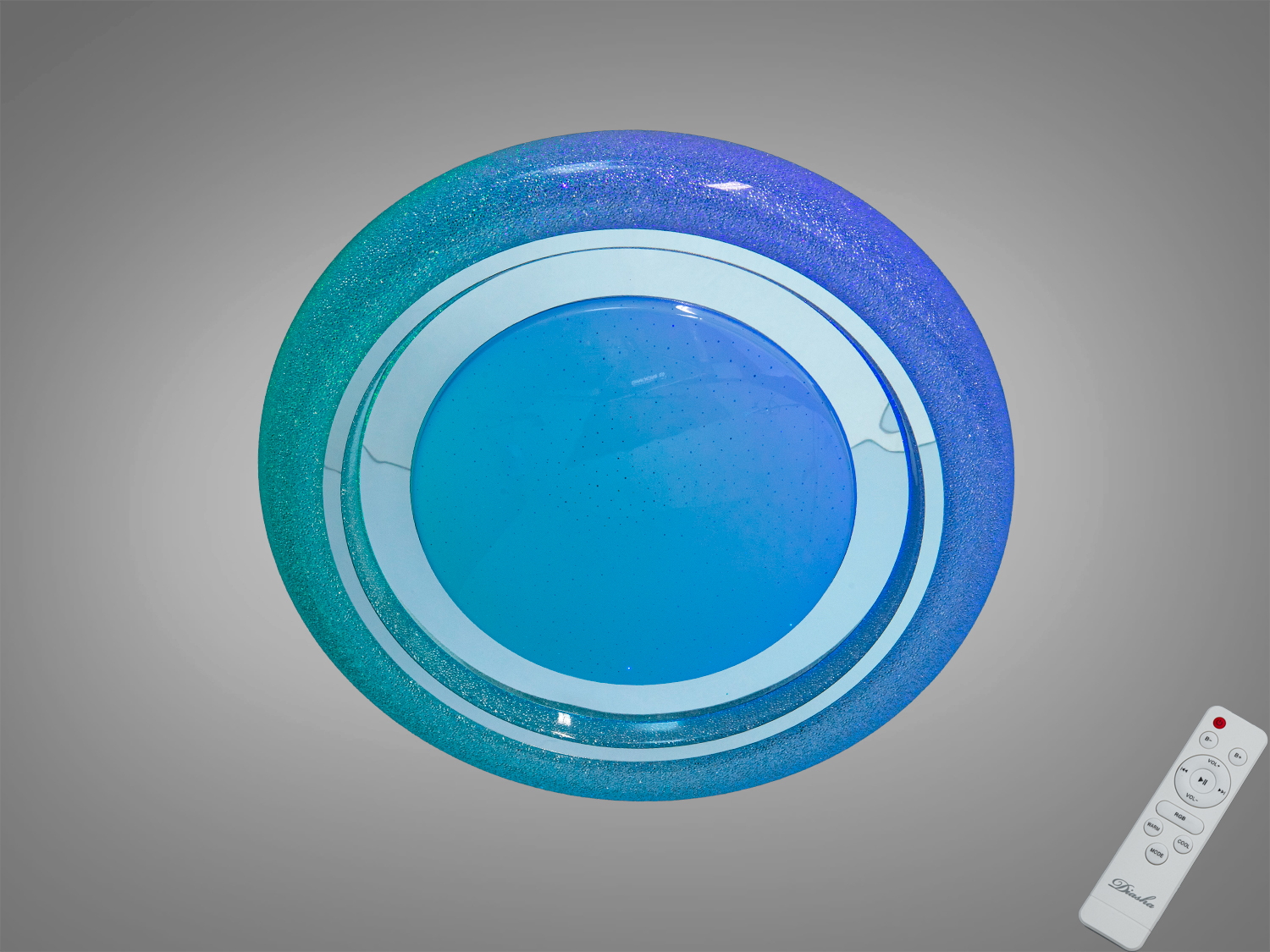 Смарт LED люстра 80 Вт з RGB та керуванням через iLink по Bluetooth. Білий матовий плафон, пульт із окремими кнопками RGB, підходить для кімнат до 15 м².