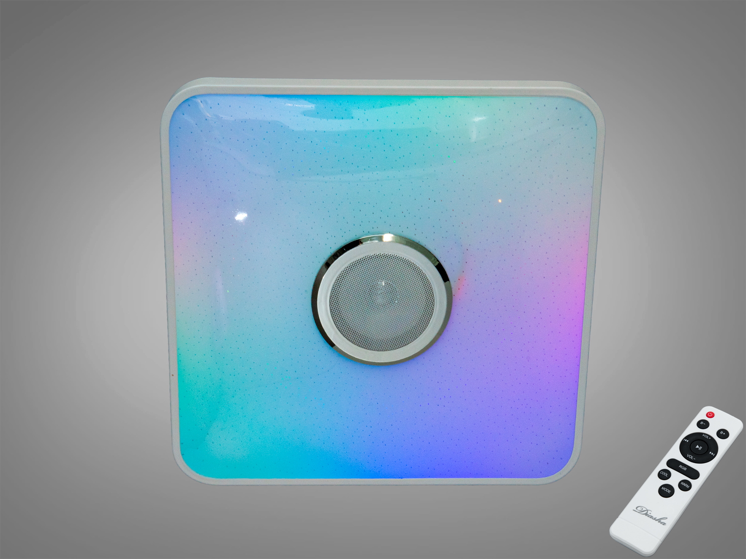 Смарт стельова люстра 70 Вт з RGB та вбудованою Bluetooth‑колонкою. Керування через пульт і застосунок Smart Life (TUYA), синхронізація світла з музикою.