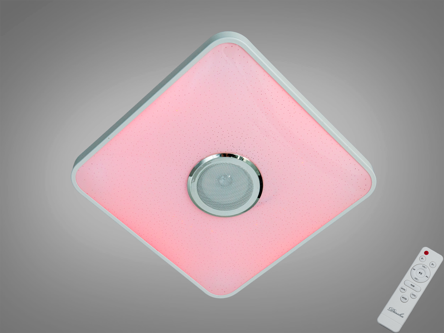 Смарт стельова LED-люстра 400x400, 70 Вт, біла з RGB та Bluetooth-колонкою. Керування i-Link або пультом. Освітлення кімнат до 12 м² і музика в одному корпусі.
