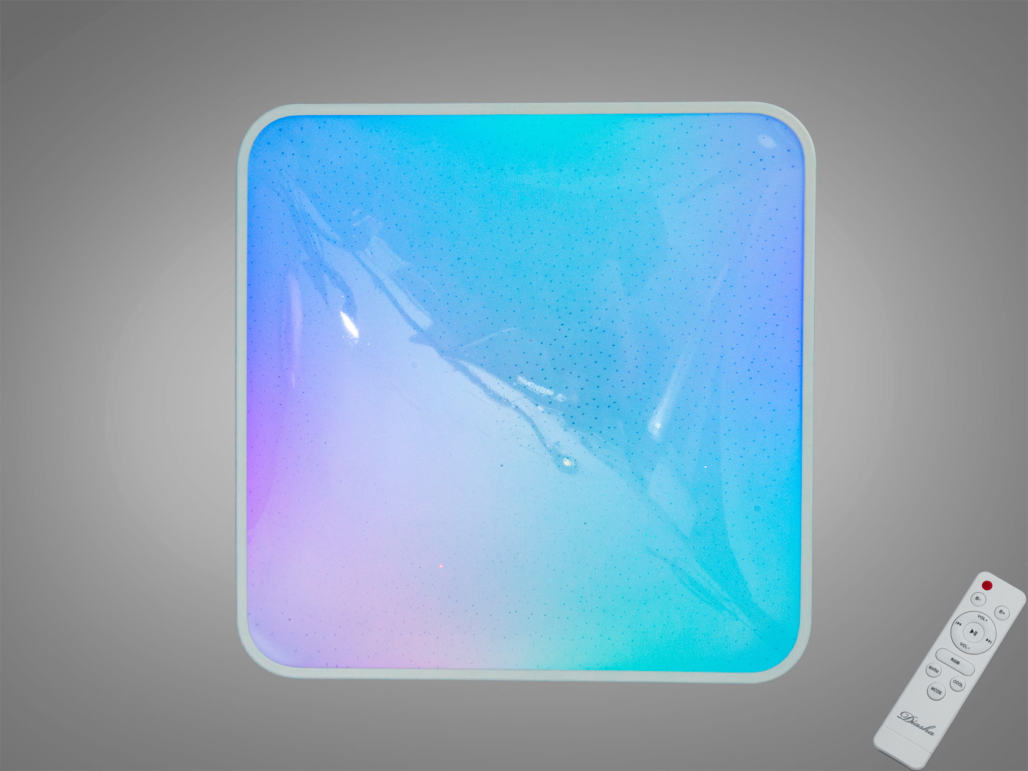 Стельова смарт LED RGB люстра 70 Вт, біла. Пульт з трьома RGB-кнопками та керування через застосунок iLink. Орієнтовно для приміщень до 12 м².