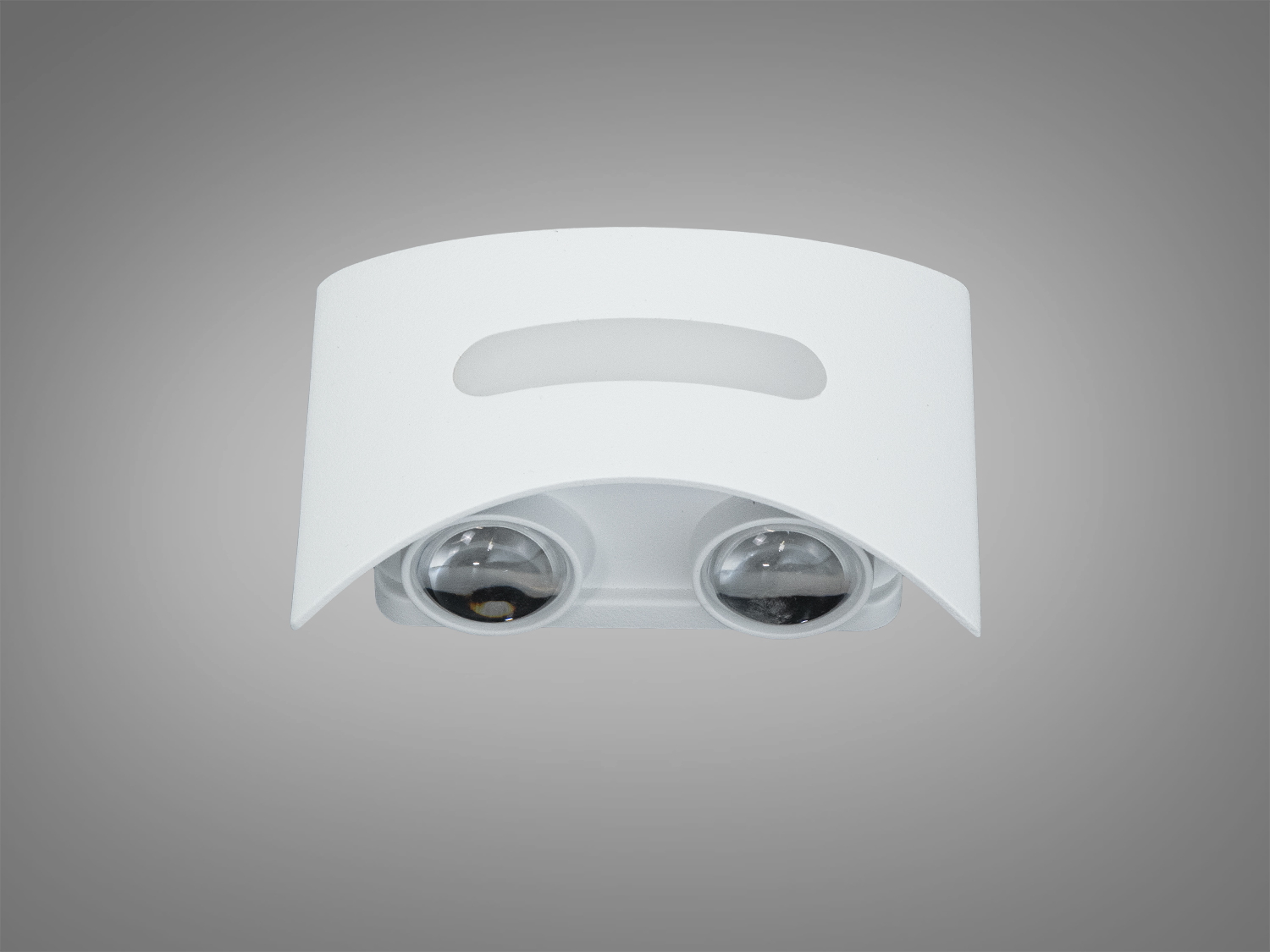 Білий настінний світильник з двома лінзами, забезпечує спрямоване освітлення, підходить для акцентного підсвічування.