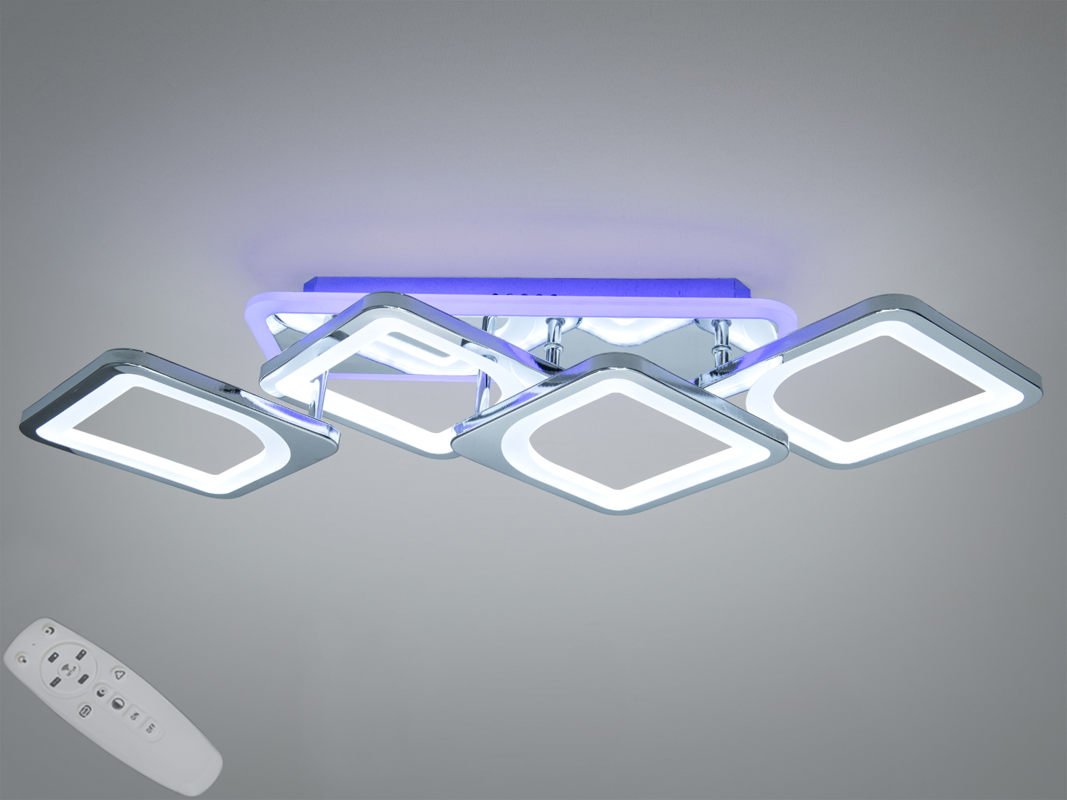 Світлодіодна стельова люстра 8060 у хромі: 69 Вт, 4 квадратні модулі, пульт, димер і зміна колірної температури, триколірна підсвітка основи. Для площі до ≈12 м².