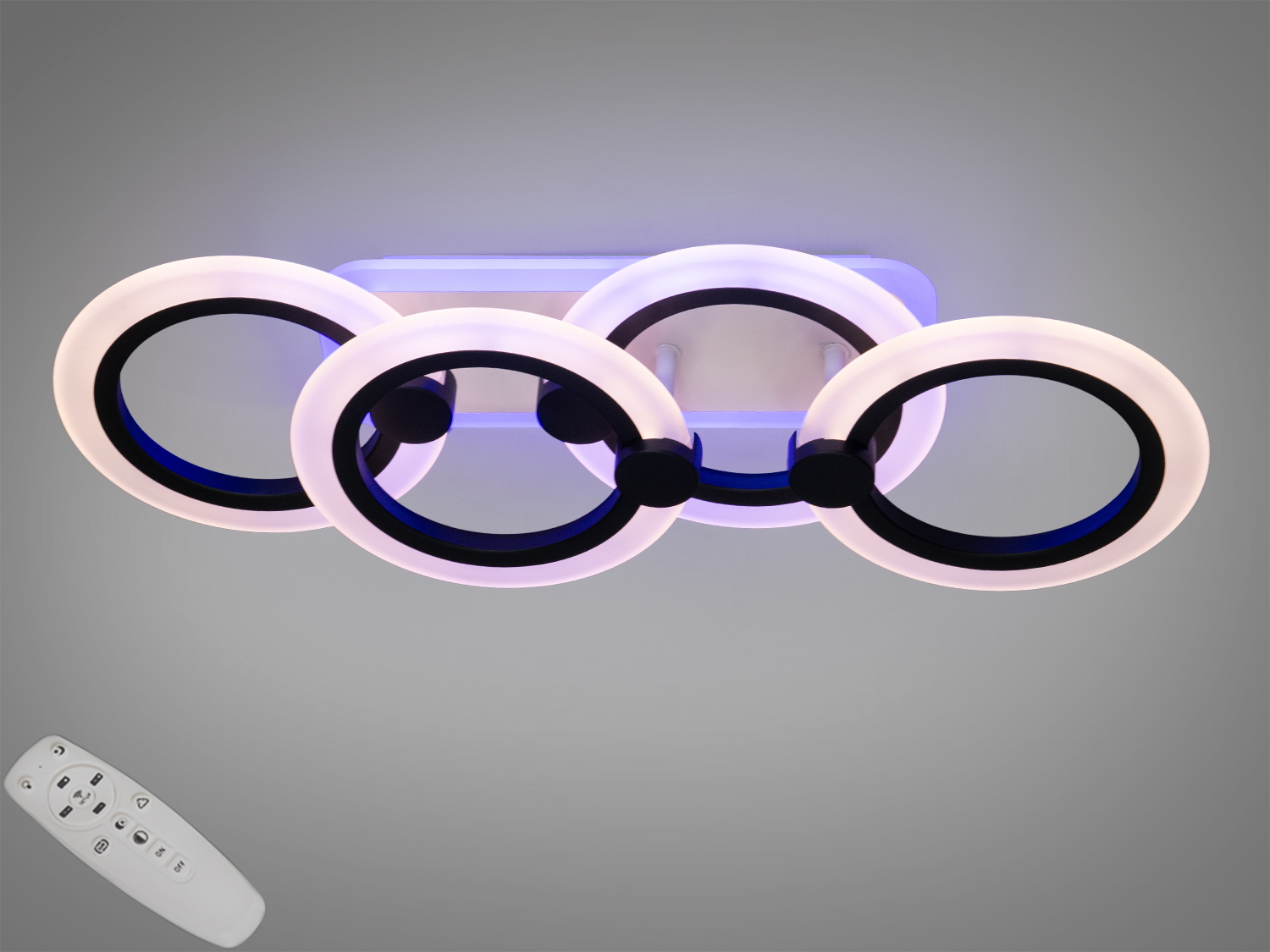 LED люстра у формі кілець з пультом, димером і LED підсвіткою, 50W.  Вона гарантує тривале служіння, надає різноманітність освітлювальних рішень, і є відмінним доповненням до багатьох сучасних інтерєрів, де кожен елемент відіграє свою роль у створенні гармонійного та затишного домашнього оточення.